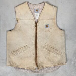 Vintage faded Carhartt V03 BRN Sherpa Lined Canvas Vest Tan Mens Large Tall